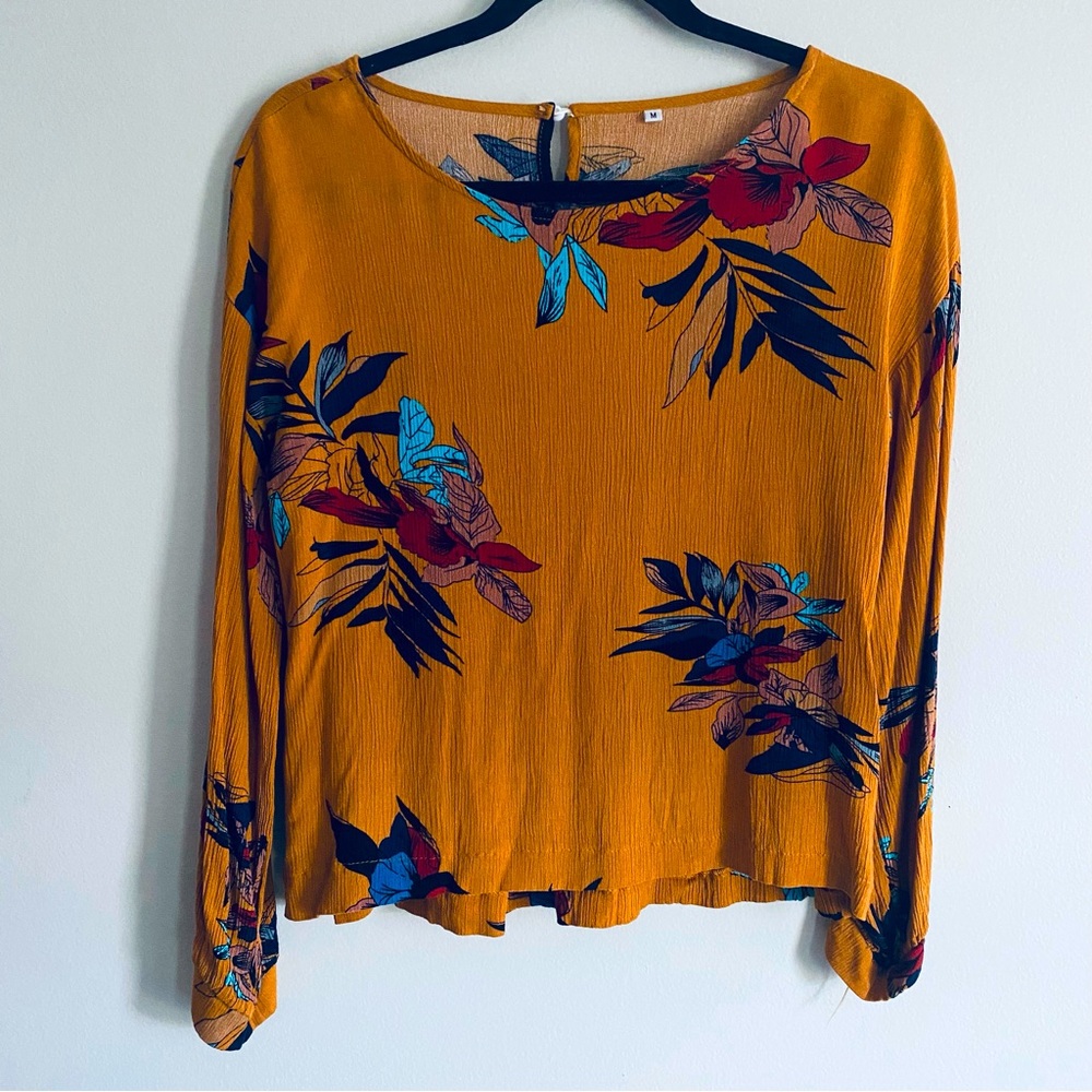 SHEIN Women's Dark Yellow Long Sleeve Shirt with Tropical Floral Accents Size M